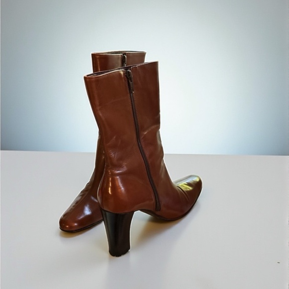 👢 Coach Chestnut Brown Leather Heeled Boots Square Toe Italy Size 7.5